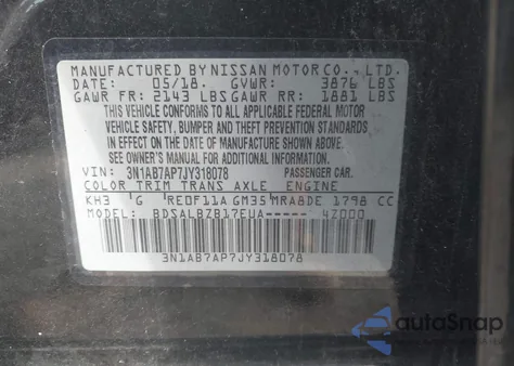 2018 Nissan Sentra S z USA, uszkodzony, nr VIN 3N1AB7AP7JY318078